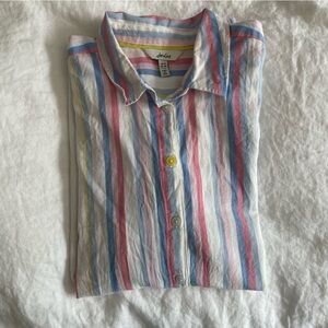Joules "Cornelia" Pastel Rainbow Stripes White Button 100% Cotton Blouse Top